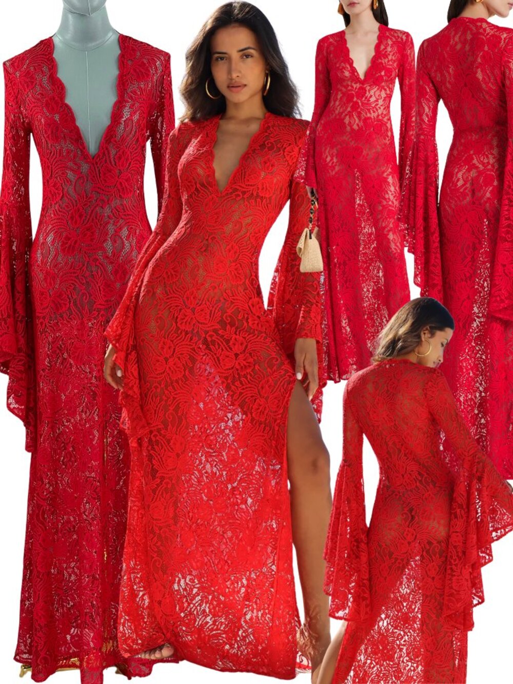 🆕 ALEXANDRA MIRO 🧿 NWOT Kara Long Boylen Sleeve Kaftan, Red Lace - Sz XS